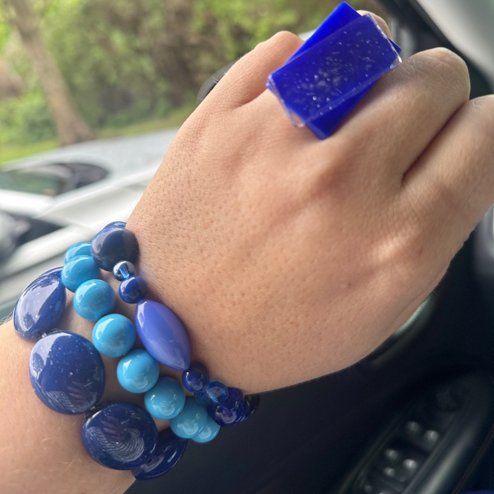 Blue chunky & funky bracelet stack & adjustable ring